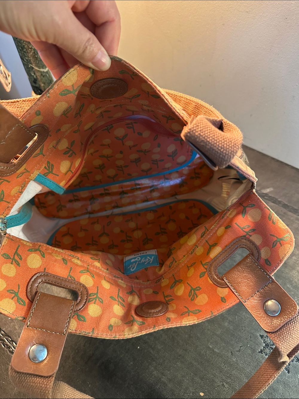 Fossil Printed Birdcage Bag in Tan and Orange - Picture 10 of 14